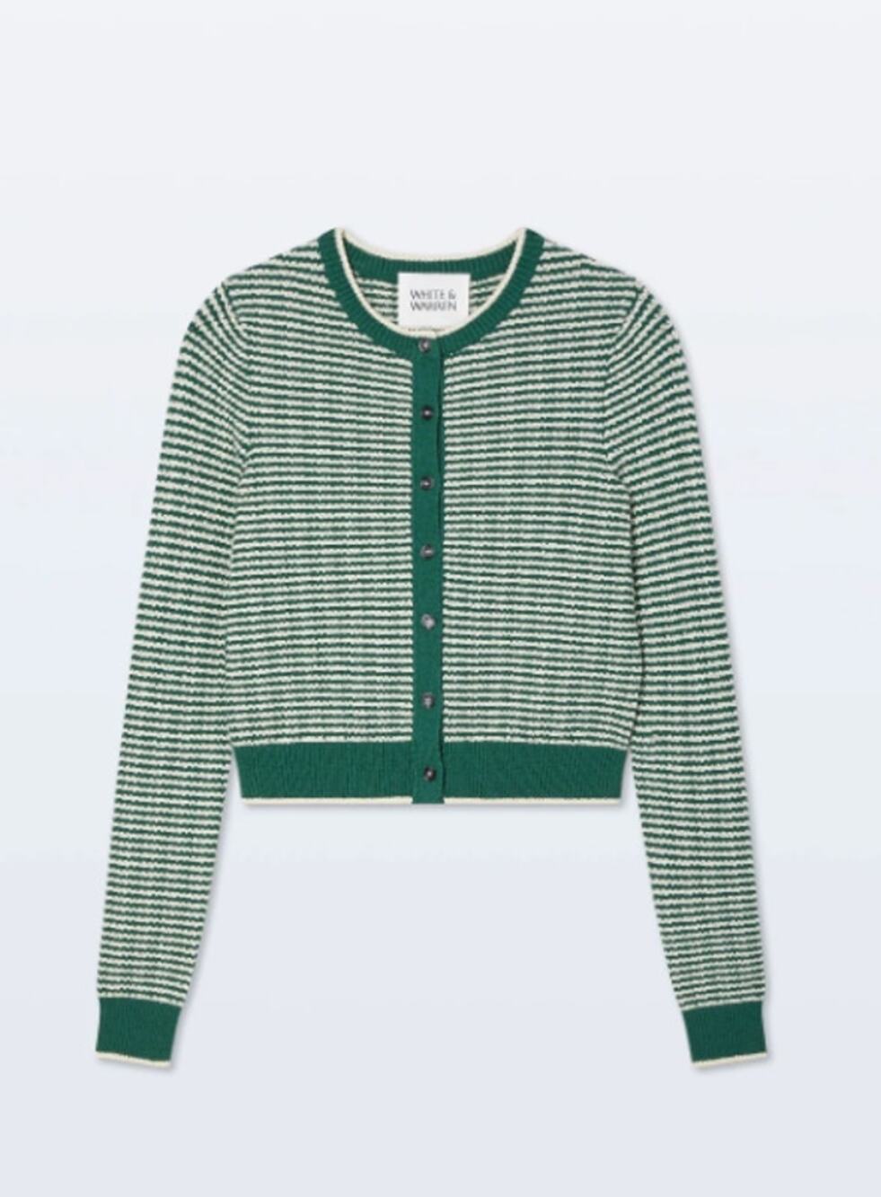 White and Warren Boucle Cardigan Ivy Green Stripe size S small